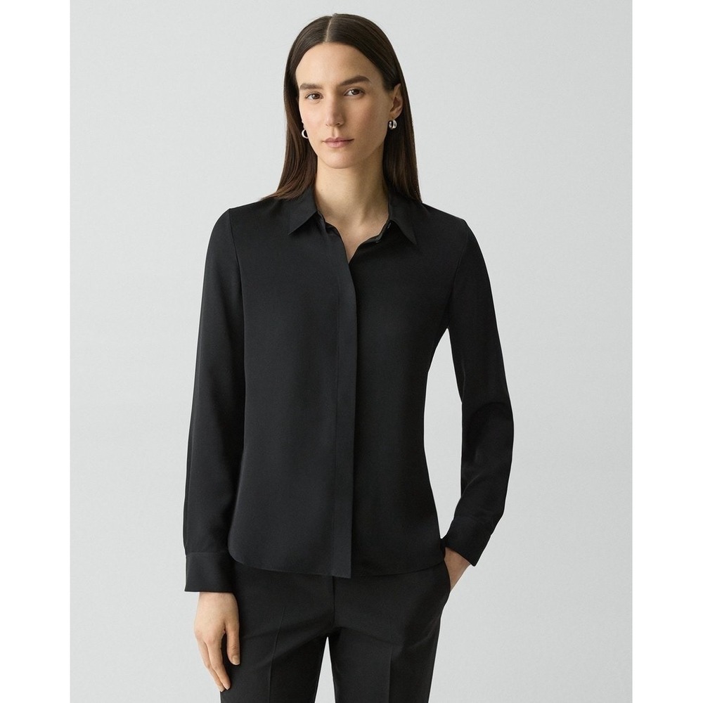 Theory FITTED SHIRT IN SILK GEORGETTE Black Women's Size Large $245 100%‎ Silk
